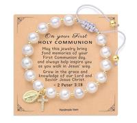 Komergave White Pearl Cross Bracelet, First Holy Communion Gifts for Girls, Adjustable Cross Beaded Bracelet with Message Card, Baptism Gifts for Girls Birthday Wedding Christmas Appreciation