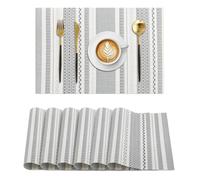 Komforbaa PVC Vinyl Woven Placemats,Set of 6 Heat-Resistant Non-Slip Silver-Thread Striped Table Mats for Dining Table,Washable Durable Wipeable,Grey