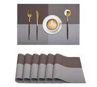 Komforbaa PVC Vinyl Woven Placemats Set of 6,Non-Slip,Oil-Resistant Washable Rectangle Mats for Dining Table,Kitchen,Outdoor-Table Protection,Brown&Grey