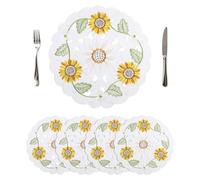 Komforbaa Round Spring Placemats Set of 4, Sunflower Embroidered Doilies, Soft Breathable Washable Non-Slip Table Mats for Home Kitchen Dining Party Daily Decor,White&Yellow