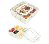 komforbaa Snackle Box, Food Grade PET 6-Compartment Snack Platter with Lid & Handle, Clear Storage Organizer for Fruit/Candy/Nuts/Spices, Ideal for Travel/Party