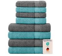 Komfortec Hand Towel Set, 8 Pieces, 100% Cotton, Anthracite/Aqua | 4 bath towels 70 x 140 cm, 4 hand towels 50 x 100 cm, terry cloth, fluffy and absorbent