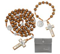 KOMI Handmade Wood Beads Rosary with Pocket Rosary Set Wooden Saint Benedict Rosaries Catholic Religious Prayer Beads for Men Women with Rosary Pouch