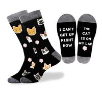 KoMico Funny Cat Lover Socks for Men & Women, Novelty Cotton Crew Socks with I Can't Get Up Right Now, The Cat Is On My Lap, Non Slip Lounge Socks, UK Size 6-11