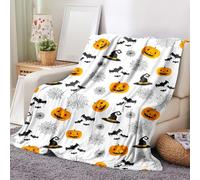KoMico Halloween Pumpkin Spider Web & Bat Fleece Throw Blanket - Ideal for Kids Bedrooms, Living Rooms, Couches, Sofas, and Home Décor (White, Bats, Cobwebs, Pumpkins)