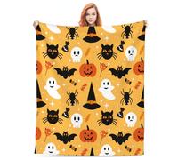KoMico Halloween Pumpkin Spider Web & Bat Fleece Throw Blanket - Ideal for Kids Bedrooms, Living Rooms, Couches, Sofas, and Home Décor (Yellow, Ghosts, Pumpkins, Castle)