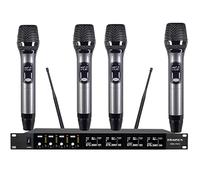KOMISON 4 Channel Wireless Microphone System, Metal Wireless Microphones, Dynamic Wireless for Singing Karaoke Church DJ 250ft Range (Gray)