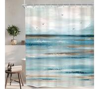 KOMLLEX Abstract Sea Shower Curtain for Bathroom Decor 60Wx72H Inches Teal Oil Painting Ocean Wave Seagull Mountain Nature Landscape Summer Hawaii Scenery Fabric Waterproof Polyester 12 Pack Hooks