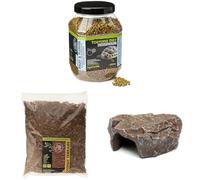 Komodo Complete Holistic Tortoise Diet 680 g, Coconut Terrain 12 L & Brown Rock Den Large - Tortoise Food, Substrate & Hideout Kit