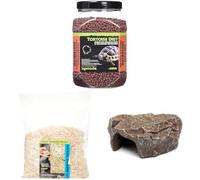 Komodo Complete Holistic Tortoise Diet Dandelion 680 g, Aspen Bed Terrain 12 L & Brown Rock Den Large - Tortoise Food, Substrate & Hideout Kit