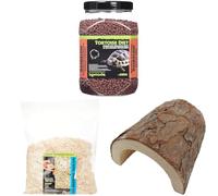 Komodo Complete Holistic Tortoise Diet Dandelion 680 g, Aspen Bed Terrain 12 L & Wooden Hide Large - Tortoise Food, Substrate & Shelter Kit