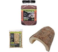 Komodo Complete Holistic Tortoise Diet Dandelion 680 g, Coarse Beech Chips 12 L 2.2 kg & Wooden Hide Large 47 g - Tortoise Food, Substrate & Shelter Kit