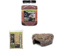 Komodo Complete Holistic Tortoise Diet Dandelion 680 g, Coarse Beech Chips 12 L & Brown Rock Den Large - Tortoise Food, Substrate & Hideout Kit