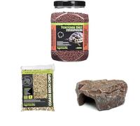 Komodo Complete Holistic Tortoise Diet Dandelion 680 g, Coarse Beech Chips 6 L & Brown Rock Den Large - Tortoise Food, Substrate & Hideout Kit