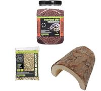 Komodo Complete Holistic Tortoise Diet Dandelion 680 g, Coarse Beech Chips 6 L & Wooden Hide Large - Tortoise Food, Substrate & Shelter Kit