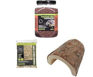 Komodo Complete Holistic Tortoise Diet Dandelion 680 g, Coarse Beech Chips 6 L & Wooden Hide Large - Tortoise Food, Substrate & Shelter Kit