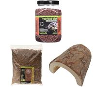 Komodo Complete Holistic Tortoise Diet Dandelion 680 g, Coconut Terrain 12 L & Wooden Hide Large 47 g (5.3×6.9×2.8 cm) - Tortoise Food, Substrate & Shelter Kit