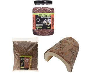 Komodo Complete Holistic Tortoise Diet Dandelion 680 g, Coconut Terrain 12 L & Wooden Hide Large 47 g (5.3×6.9×2.8 cm) - Tortoise Food, Substrate & Shelter Kit