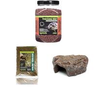 Komodo Complete Holistic Tortoise Diet Dandelion 680 g, Straw Terrain 12 L & Brown Rock Den Large - Tortoise Food, Substrate & Hideout Kit