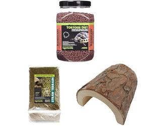 Komodo Complete Holistic Tortoise Diet Dandelion 680 g, Straw Terrain 12 L & Wooden Hide Large - Tortoise Food, Substrate & Shelter Kit