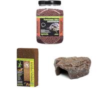 Komodo Complete Holistic Tortoise Diet Dandelion 680 g, Tropical Terrain Compact Brick 64 g & Brown Rock Den Large - Tortoise Food, Substrate & Hideout Kit