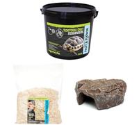 Komodo Complete Holistic Tortoise Diet Fruit & Flower 2 kg (2.1 kg), Aspen Bed Terrain 12 L (30×10×45 cm) & Brown Rock Den Large - Tortoise Food, Substrate & Hideout Kit