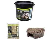 Komodo Complete Holistic Tortoise Diet Fruit & Flower 2 kg (2.1 kg), Coarse Beech Chips 6 L & Brown Rock Den Large - Tortoise Food, Substrate & Hideout Kit