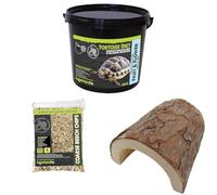 Komodo Complete Holistic Tortoise Diet Fruit & Flower 2 kg (2.1 kg), Coarse Beech Chips 6 L & Wooden Hide Large 47 g - Tortoise Food, Substrate & Shelter Kit