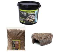 Komodo Complete Holistic Tortoise Diet Fruit & Flower 2 kg (2.1 kg), Coconut Terrain 12 L & Brown Rock Den Large - Tortoise Food, Substrate & Hideout Kit