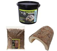 Komodo Complete Holistic Tortoise Diet Fruit & Flower 2 kg (2.1 kg), Coconut Terrain 12 L & Wooden Hide Large 47 g (5.3×6.9×2.8 cm) - Tortoise Food, Substrate & Shelter Kit