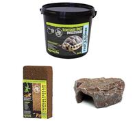 Komodo Complete Holistic Tortoise Diet Fruit & Flower 2 kg (2.1 kg), Tropical Terrain Compact Brick 64 g & Brown Rock Den Large - Tortoise Food, Substrate & Hideout Kit