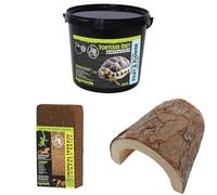 Komodo Complete Holistic Tortoise Diet Fruit & Flower 2 kg (2.1 kg), Tropical Terrain Compact Brick 64 g & Wooden Hide Large 47 g (5.3×6.9×2.8 cm) - Tortoise Food, Substrate & Shelter Kit