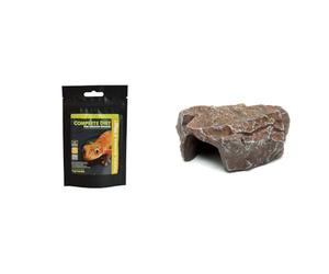 Komodo Crested Gecko Care Bundle - Complete Diet Papaya, Banana & Honey 60g + Large Brown Rock Den, Natural Reptile Hideout & Basking Decor for Terrariums