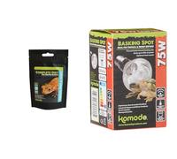 Komodo Crested Gecko Care Bundle - Complete Diet Tropical Fruit & Insect 60g + Basking Spot Bulb 75W, Adjustable Temperature Heating & Lighting for Terrariums