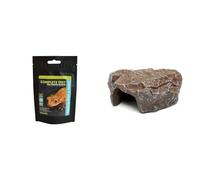Komodo Crested Gecko Care Bundle - Complete Diet Tropical Fruit & Insect 60g + Large Brown Rock Den, Natural Reptile Hideout & Basking Decor for Terrariums