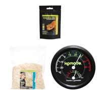 Komodo Crested Gecko Complete Diet Papaya Banana & Honey 60 g + Aspen Bed Terrain Substrate 12 Litre + Combined Thermometer & Hygrometer