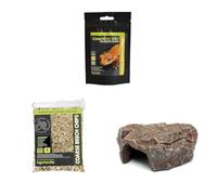 Komodo Crested Gecko Diet 60g + Coarse Beech Chips 6L + Brown Rock Den Large | Nutrition, Natural Bedding & Secure Hideout for Geckos & Reptiles