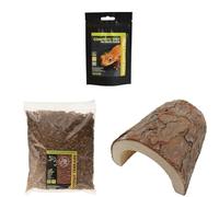 Komodo Crested Gecko Diet 60g + Coconut Terrain 12L + Large Wooden Hide | Nutrition, Natural Bedding & Secure Shelter for Geckos & Reptiles
