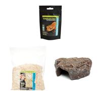 Komodo Crested Gecko Diet Tropical Fruit & Insect 60 g, Aspen Bed Terrain 12 L & Brown Rock Den Large - Gecko Food, Substrate & Hideout Kit