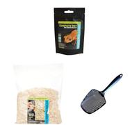 Komodo Crested Gecko Diet Tropical Fruit & Insect 60 g, Aspen Bed Terrain 12 L & Sand Scoop 6 g - Gecko Food, Substrate & Cleaning Kit