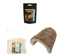 Komodo Crested Gecko Diet Tropical Fruit & Insect 60 g, Aspen Bed Terrain 12 L & Wooden Hide Large 47 g (5.3×6.9×2.8 cm) - Gecko Food, Substrate & Shelter Kit