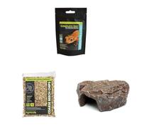 Komodo Crested Gecko Diet Tropical Fruit & Insect 60 g, Coarse Beech Chips 12 L (2.2 kg) & Brown Rock Den Large - Gecko Food, Substrate & Hideout Kit