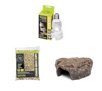 Komodo Crested Gecko Diet Tropical Fruit & Insect 60 g, Coarse Beech Chips 6 L (41×29×10 cm) & Brown Rock Den Large - Gecko Food, Substrate & Hideout Kit