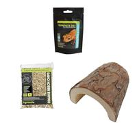 Komodo Crested Gecko Diet Tropical Fruit & Insect 60 g, Coarse Beech Chips 6 L (41×29×10 cm) & Wooden Hide Large 47 g (5.3×6.9×2.8 cm) - Gecko Food, Substrate & Shelter Kit