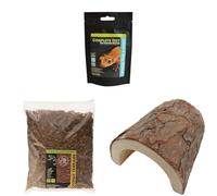 Komodo Crested Gecko Diet Tropical Fruit & Insect 60 g, Coconut Terrain 12 L & Wooden Hide Large 47 g (5.3×6.9×2.8 cm) - Gecko Food, Substrate & Shelter Kit