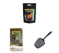 Komodo Crested Gecko Diet Tropical Fruit & Insect 60 g, Straw Terrain 12 L (6.28 kg) & Sand Scoop - Gecko Food, Substrate & Cleaning Kit