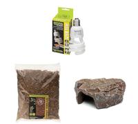 Komodo Crested Gecko Diet Tropical Fruit & Insect 60g + Coconut Terrain 12L + Brown Rock Den Large | Nutrition, Natural Substrate & Safe Hideout for Reptiles