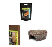 Komodo Crested Gecko Diet Tropical Fruit & Insect 60g + Tropical Terrain Brick + Brown Rock Den Large | Gecko Food, Natural Substrate & Safe Hideout