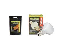 Komodo Crested Gecko Nutrition & Lighting Bundle - Complete Diet Papaya, Banana & Honey 60g + Basking Spot Lamp ES 100W, Heat & Light for Reptile Habitats