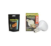 Komodo Crested Gecko Nutrition & Lighting Bundle - Complete Diet Tropical Fruit & Insect 60g + Basking Spot Lamp ES 100W, Heat & Light for Reptile Habitats